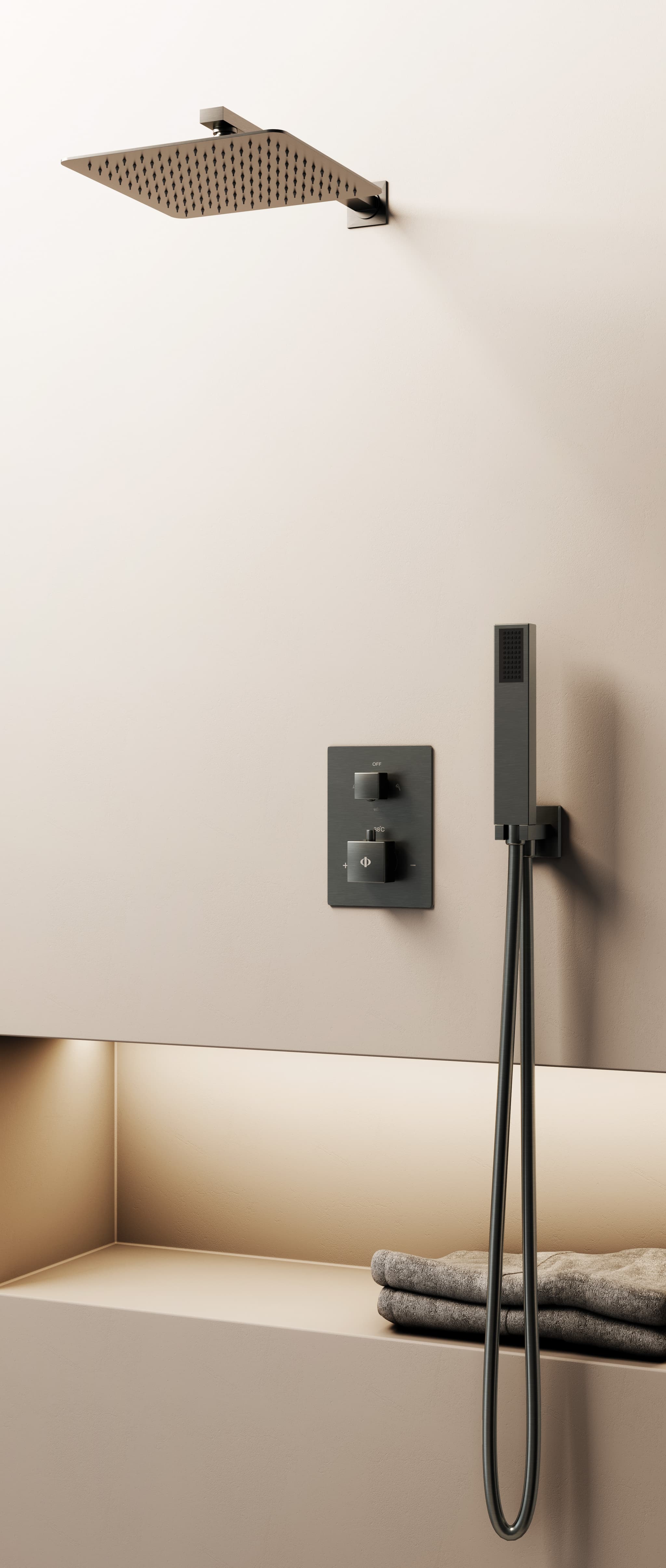 Conjunto de ducha empotrado termostático Orion titanio con rociador de pared C3084T-P