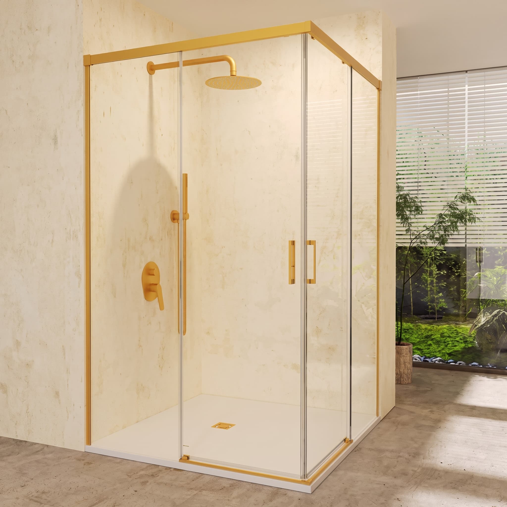 SBX_Imex Mampara de ducha angular Stylo 2F+2C apertura vértice Oro cepillado