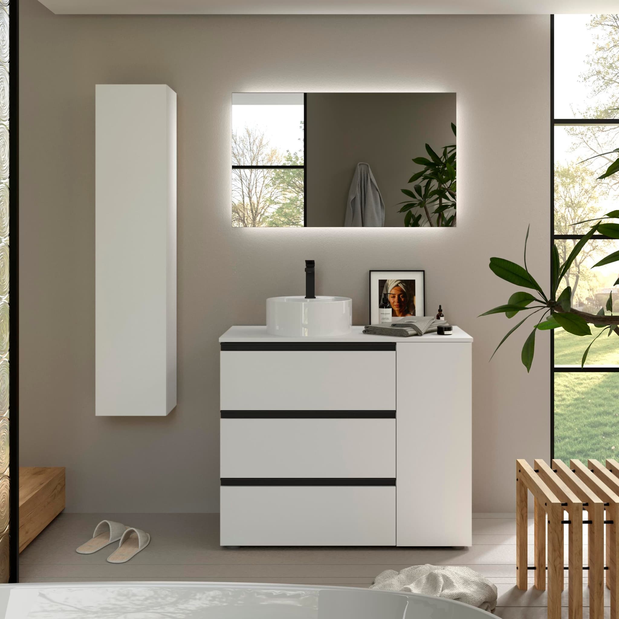 SALGAR BEQUIA PLUS METAL Mueble de baño 3C de 90-120+puerta y Lavabo Lisboa