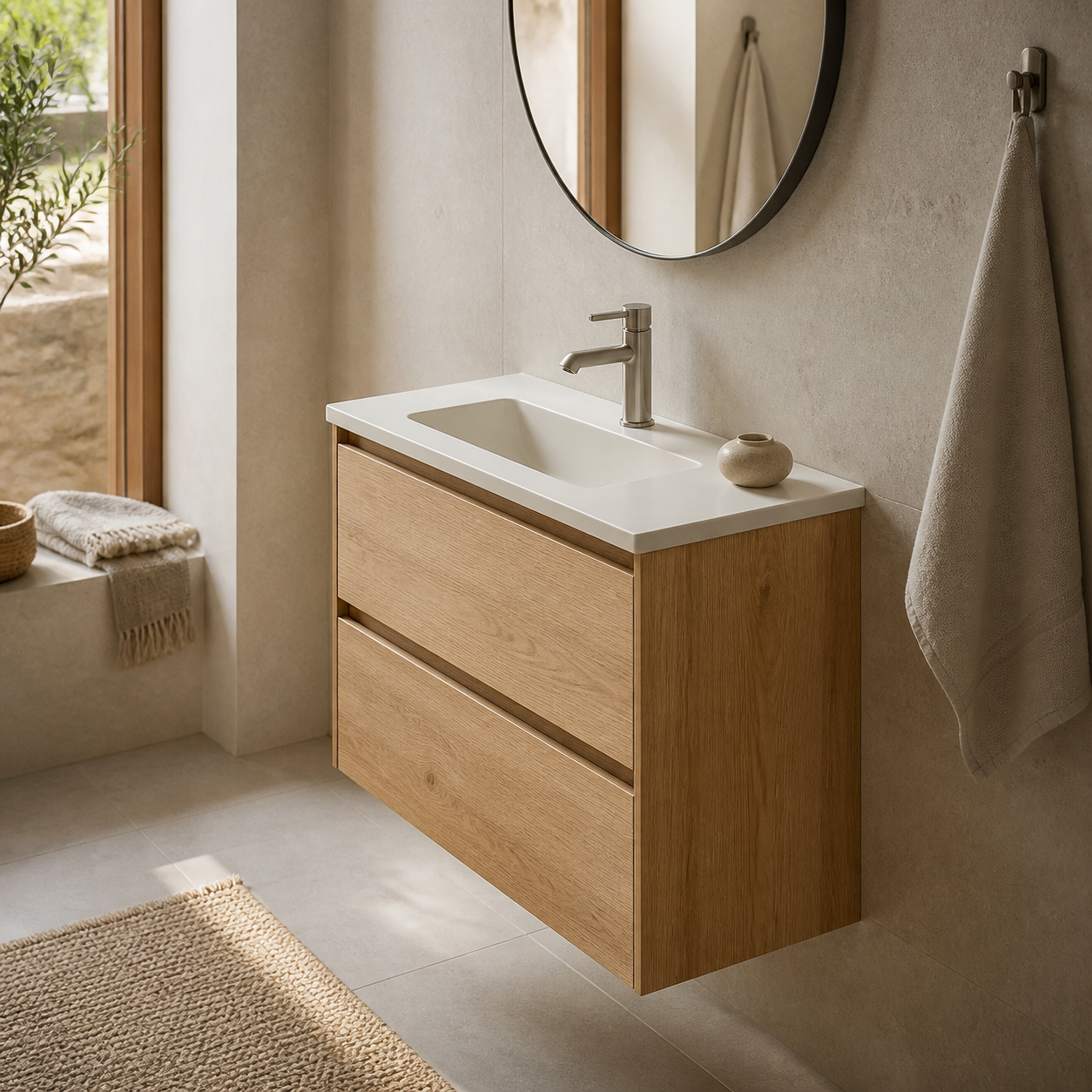 Baño compacto con mueble suspendido de fondo reducido