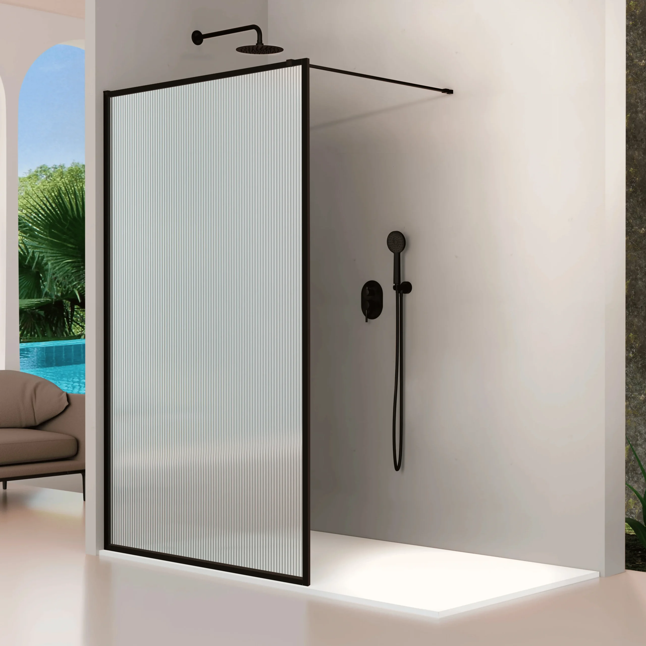 FR_103_NEGRO_MATE_cristal_acanalado_recercado_copia_1687857815 Mampara hoja fija FR103 negra vidrio acanalado - Imagen 1