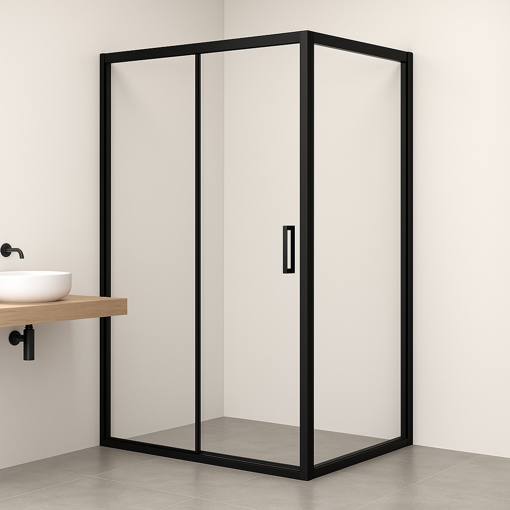 d51d032a-b35f-4744-9425-c803fad95cc8 Mampara frontal 1F y 1C MAS lateral fijo modelo Agata negra 400