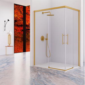 Mampara angular con dos puertas correderas y dos fijos URBAN de Kassandra Oro cepillado