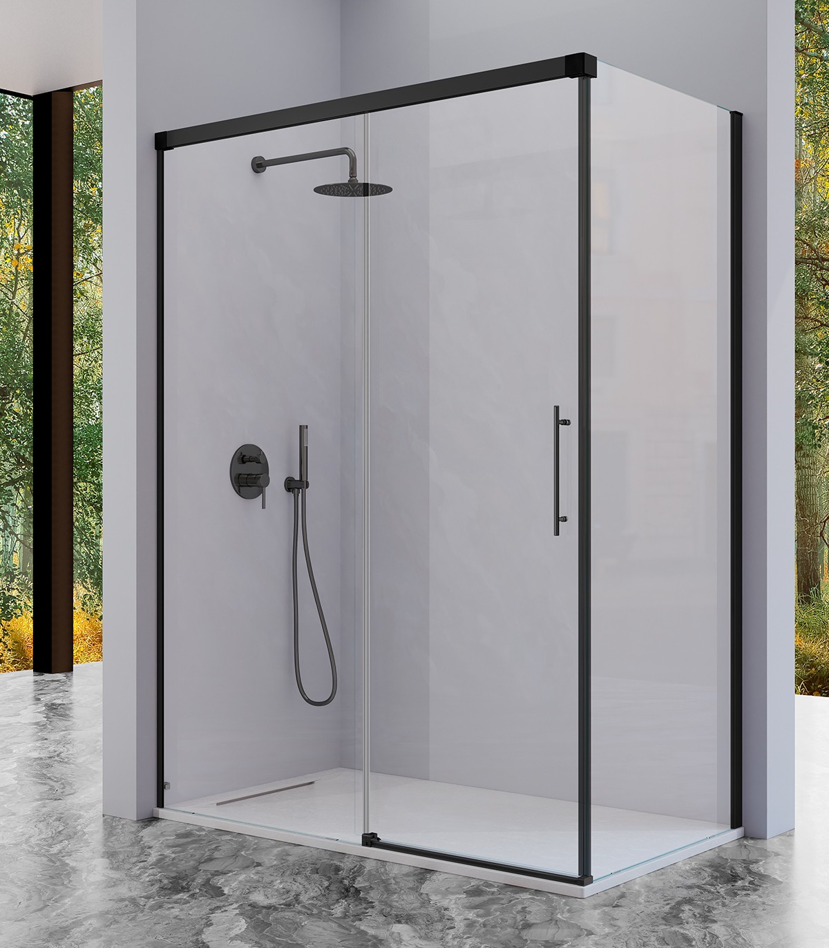 frente-de-ducha-urban-ur102 (1) Mampara frontal fijo con puerta corredera y lateral fijo opcional URBAN de Kassandra Negro Mate - Imagen 1