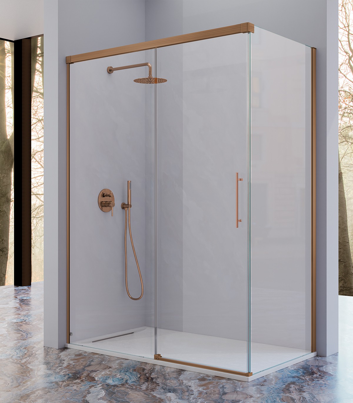 frente-de-ducha-urban-ur102 (3) Mampara frontal fijo con puerta corredera y lateral fijo opcional URBAN de Kassandra Bronce cepillado