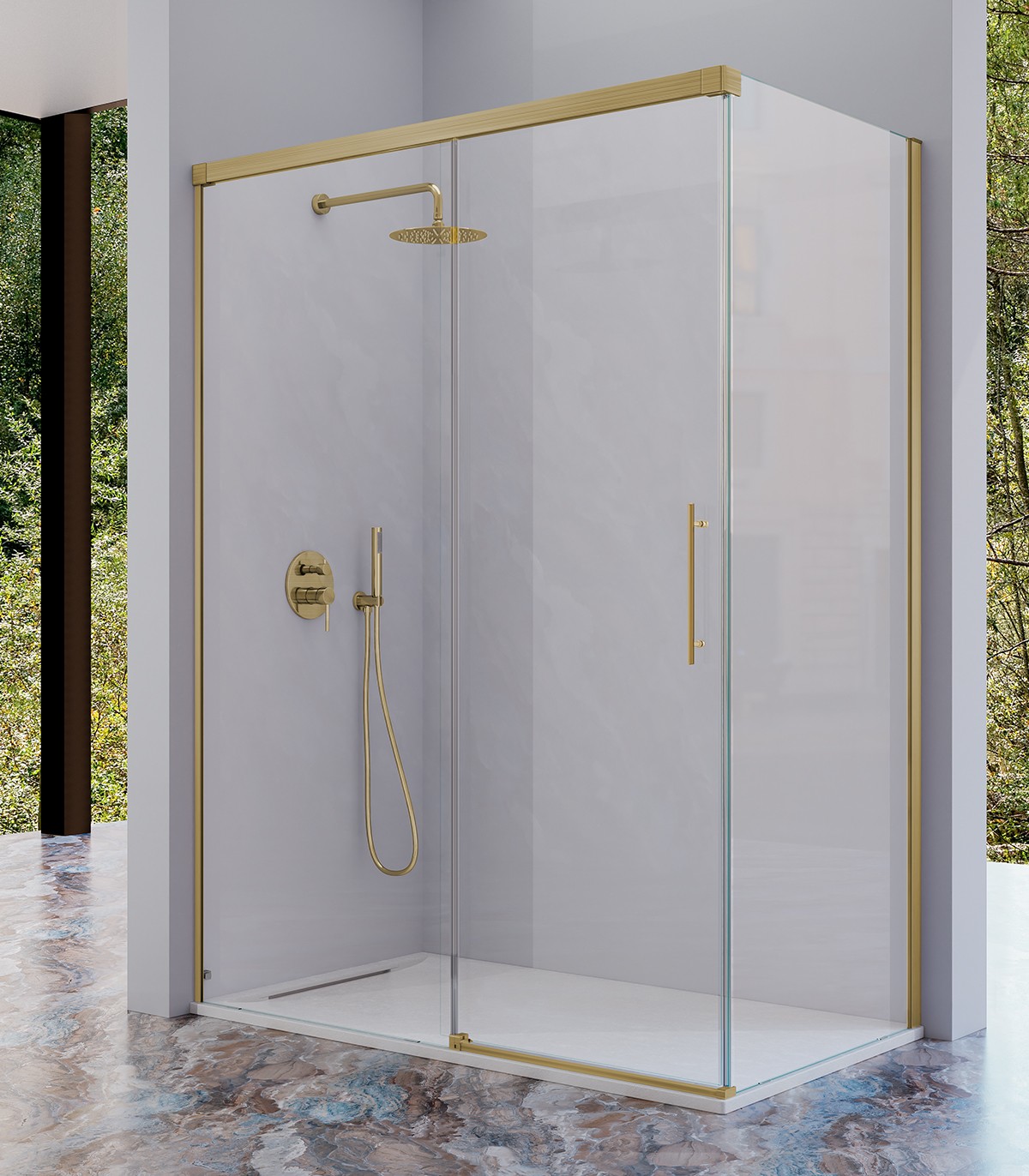 frente-de-ducha-urban-ur102 (5) Mampara frontal fijo con puerta corredera y lateral fijo opcional URBAN de Kassandra Oro Cepillado - Imagen 1