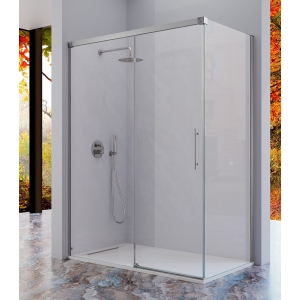 Mampara frontal fijo con puerta corredera y lateral fijo opcional URBAN de Kassandra Plata brillo